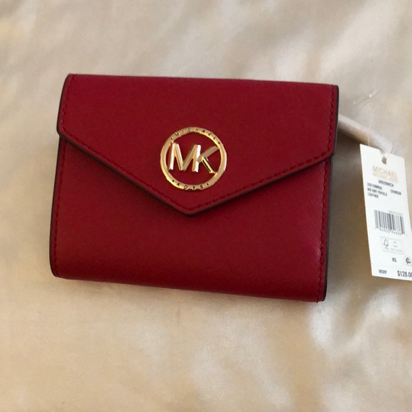 Michael Kors Greenwich Medium Envelope Leather Trifold Wallet Color Crimson NWT - Picture 14 of 16
